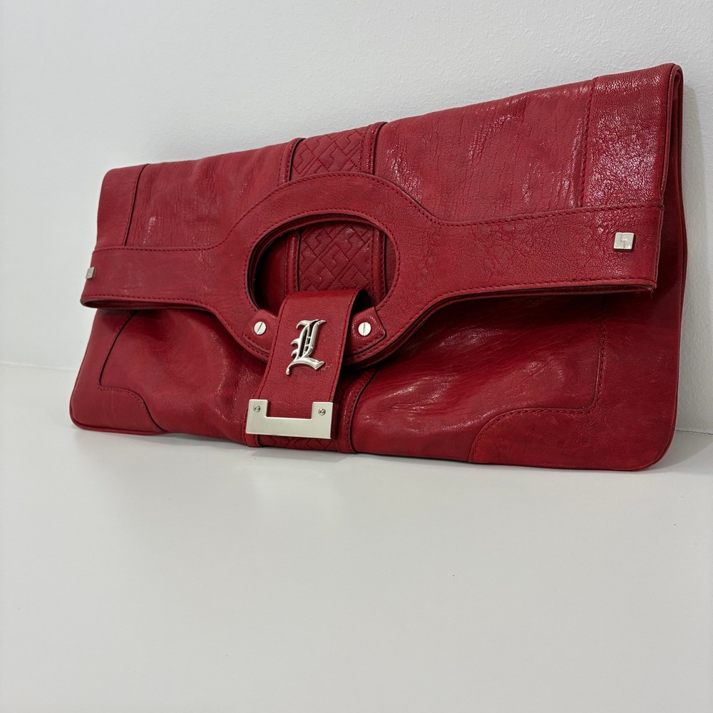 L.A.M.B. Gwen Stefani Red Leather Foldover Clutch Tote Bag Gothic L Logo